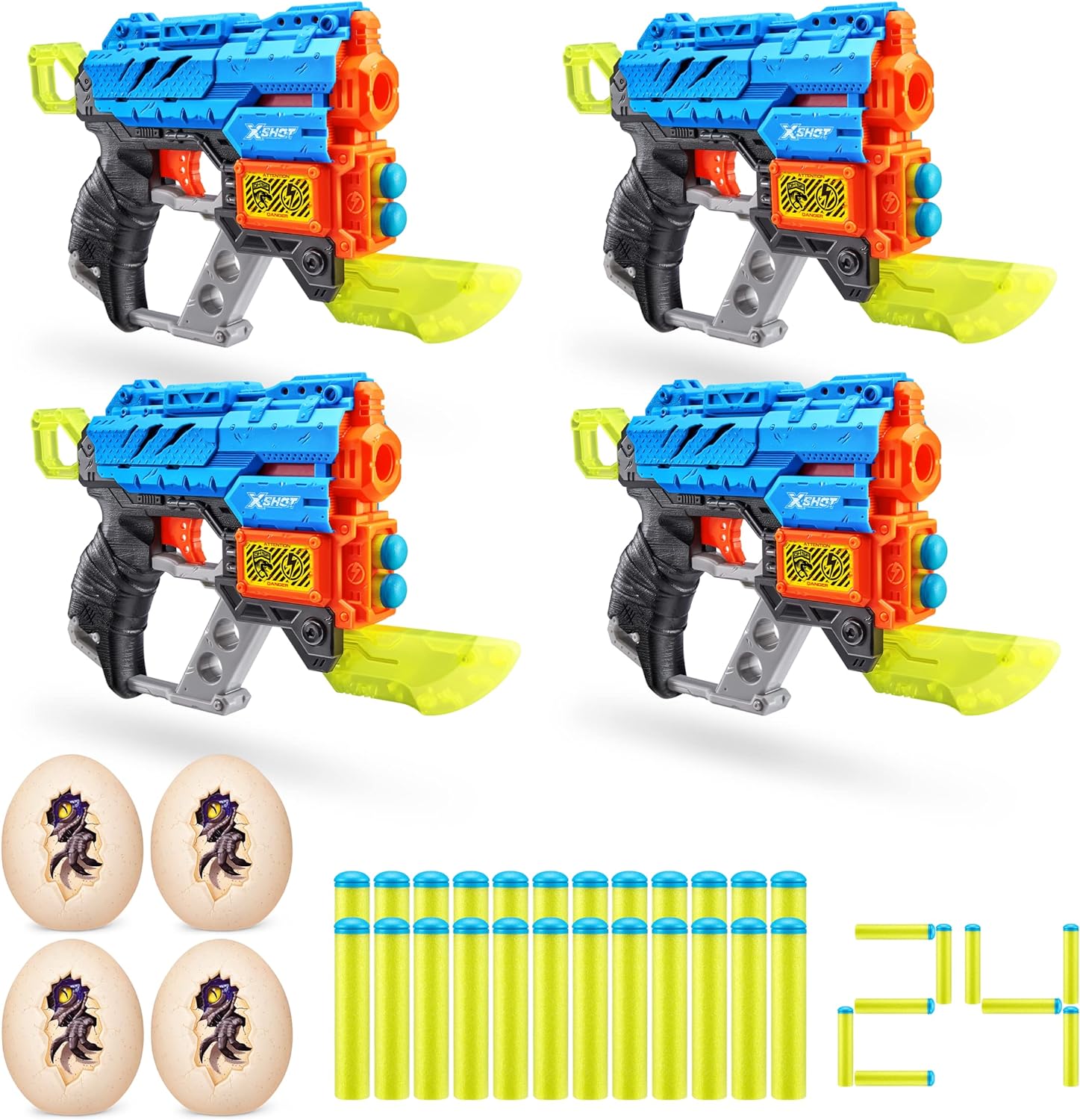 Dino Attack Extinct (4 Pack + 24 Darts + 4 Shooting Targets) by ZURU, X-Shot Blue Foam Dart Blaster, Toy Blaster, Dinosaur Design Toys for Boys, Kids, Teens (Blue)