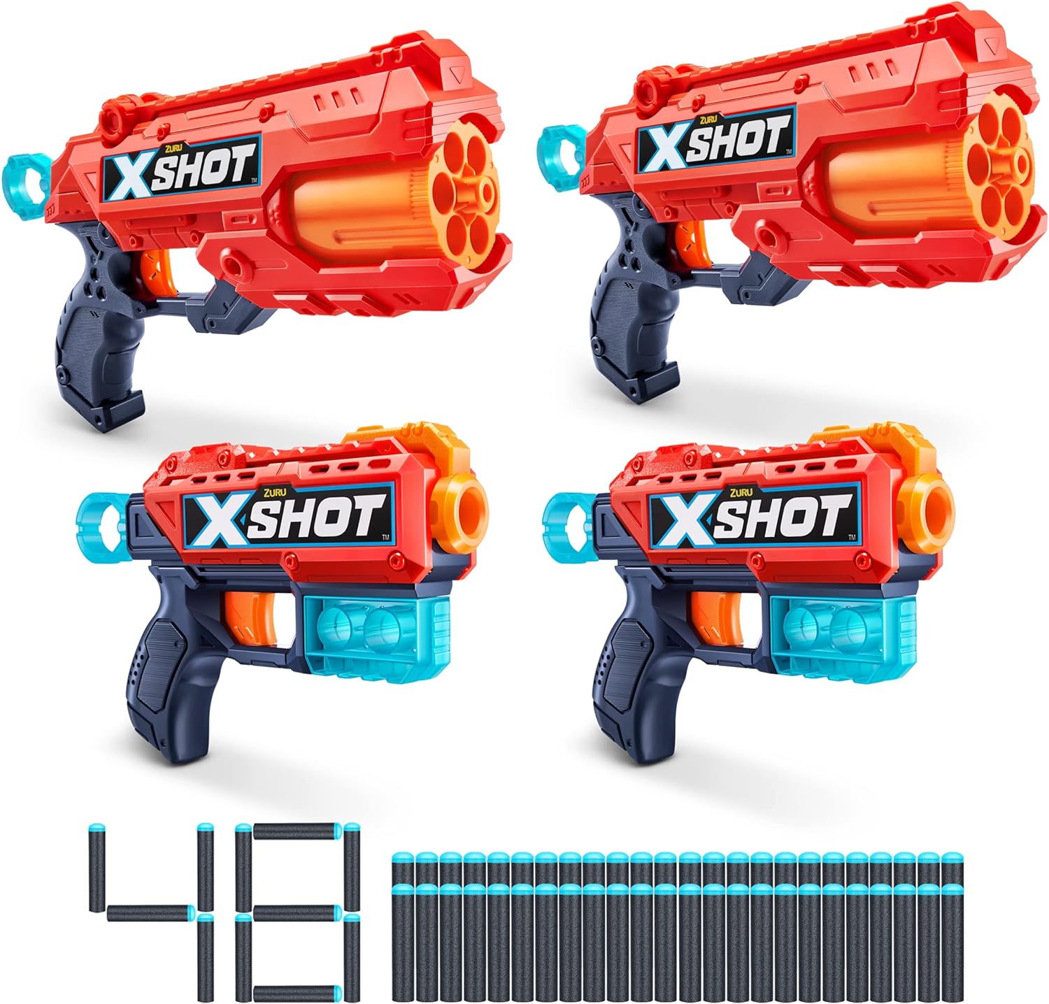 Excel 2 Reflex 6 + 2 Kickback (4 Pack + 48 Darts + 3 Shooting Targets) by ZURU, X-Shot Red Foam Dart Blaster, Toy Blaster, Rotating Barrels, Toys for Kids, Teens, Adults (Red)