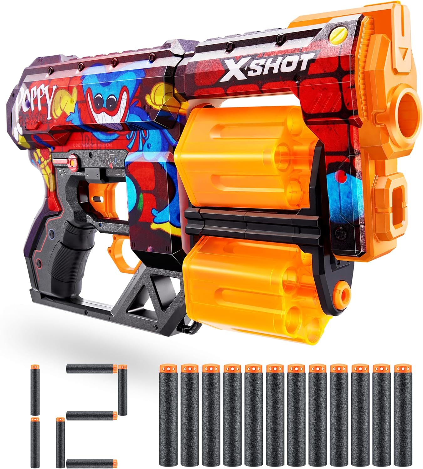 X-Shot Skins Dread Blaster - Poppy Playtime (Toony) by ZURU with 12 Darts, Rotating Double Barrel, Air Pocket Dart Technology, Toy Foam Blaster for Kids, Teens and Adults