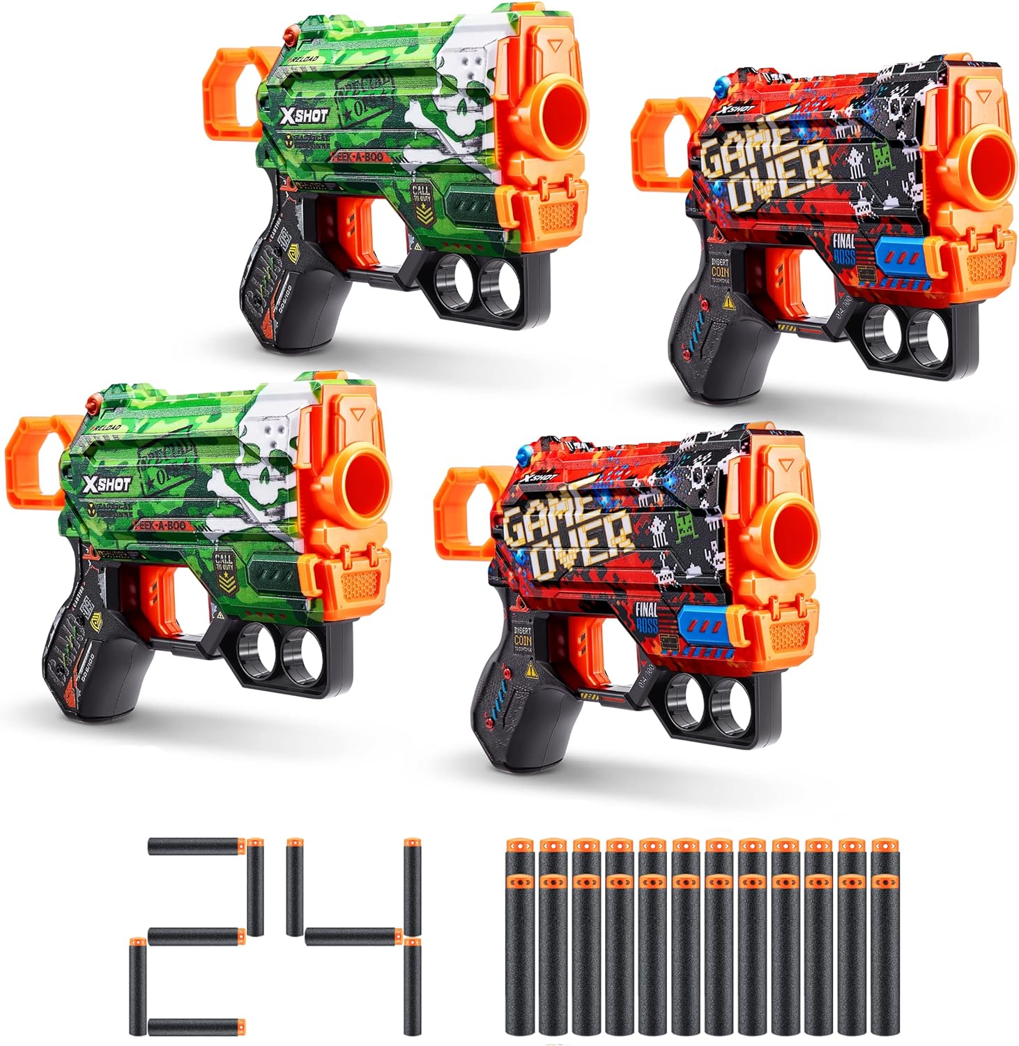 XShot Skins Menace - Camo & Game Over (4 Pack + 24 Darts) by ZURU, Easy Reload, Air Pocket Dart Technology, Toy Foam Dart Blaster for Kids, Teens, Adults, Frustration Free Packaging