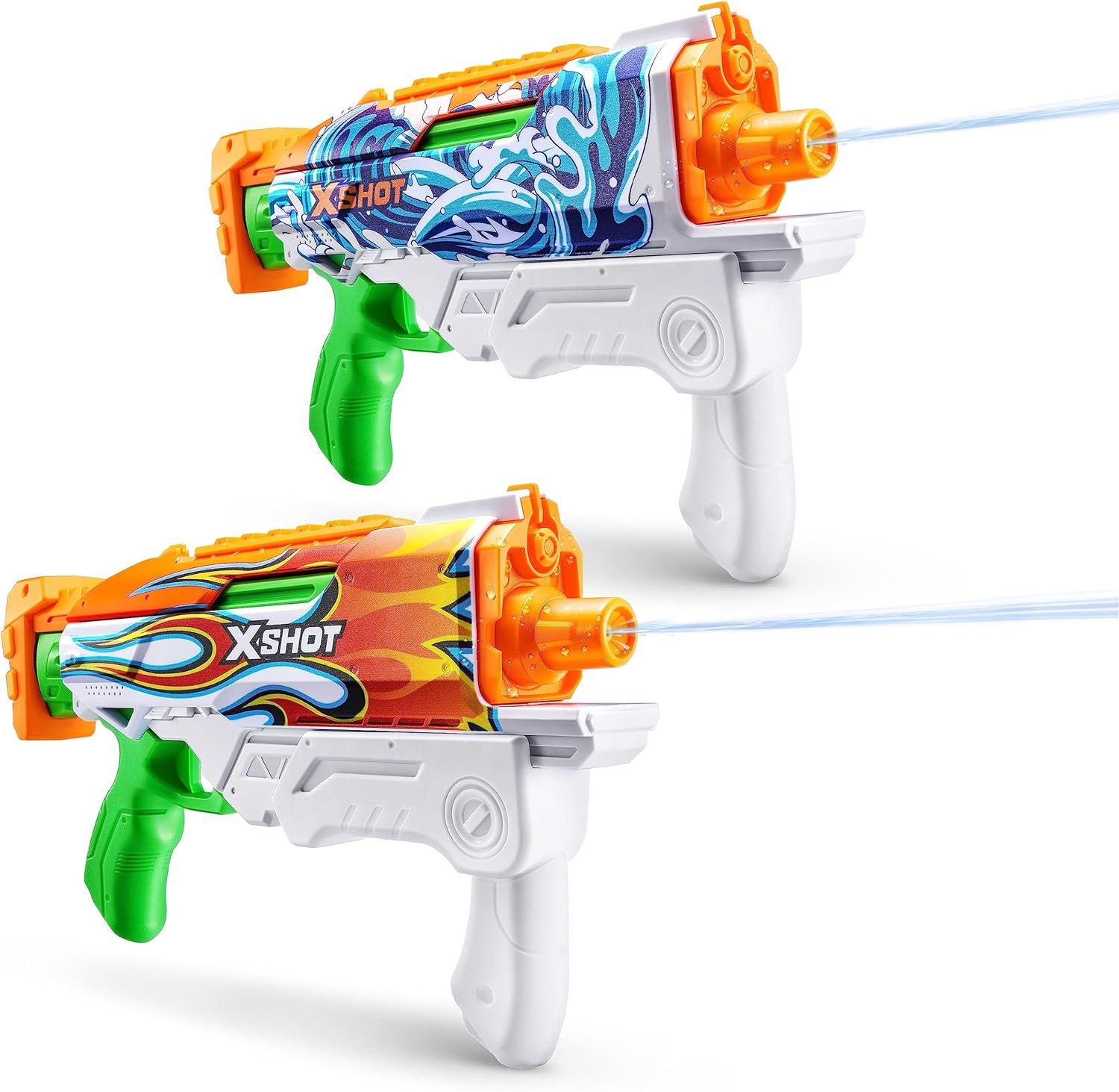 X-Shot Fast-Fill Skins Hyperload (2 Pack) by ZURU, Watergun, Water Blaster Toys, 2 Blasters Total, Fills with Water in just 1 Second! (Flames and Water Splash)