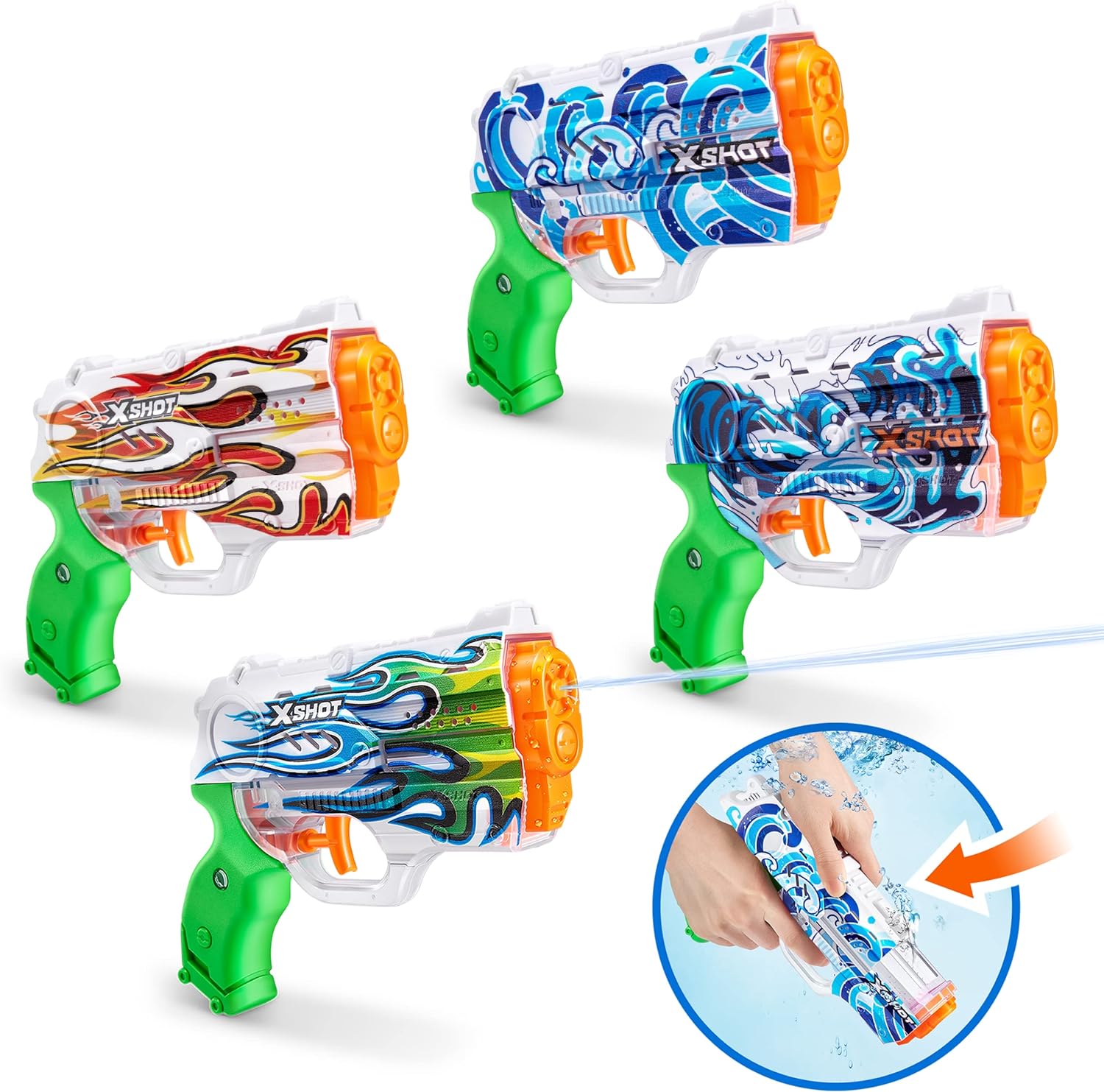 X-Shot Water Fast-Fill Skins Nano (4 Pack) by ZURU Refresh Watergun, XShot Water Toys, 4 Blasters Total, Fills with Water in just 1 Second! (Hydra, Waves, White Flame, Emerald Flame)