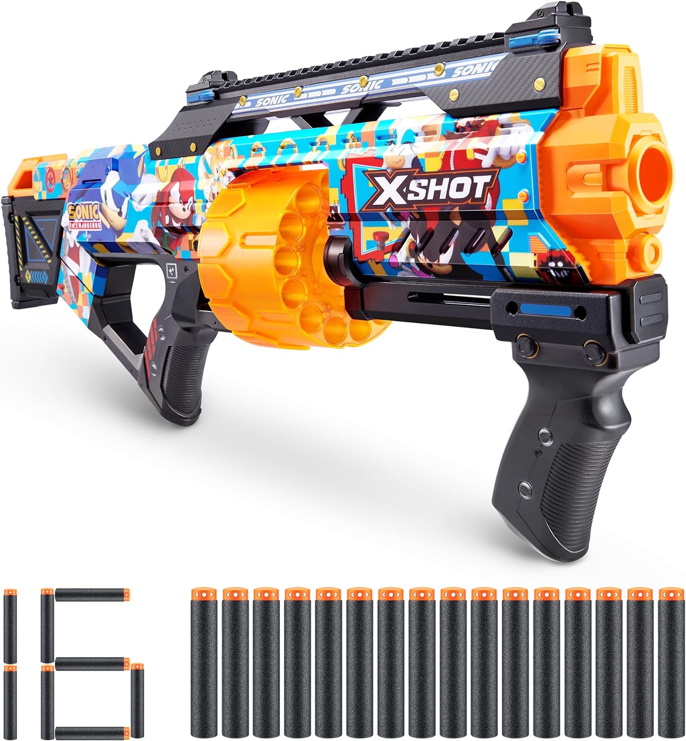 X-Shot Skins Last Stand Blaster - Modern Sonic Skin by ZURU Sonic The Hedgehog Design with 16 Darts, Slam Fire Action, Air Pocket Dart Technology, Toy Foam Blaster for Kids, Teens and Adults