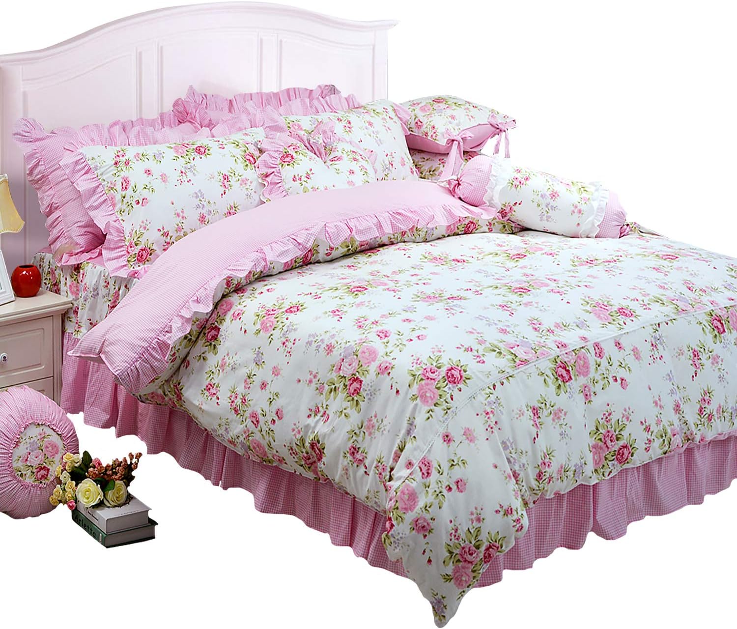 FADFAY Shabby Pink Duvet Cover Set Rose Floral Bedding Collection Elegant Princess Lace Ruffle Quilt Cover Set for Girls 4 Pieces Twin Size