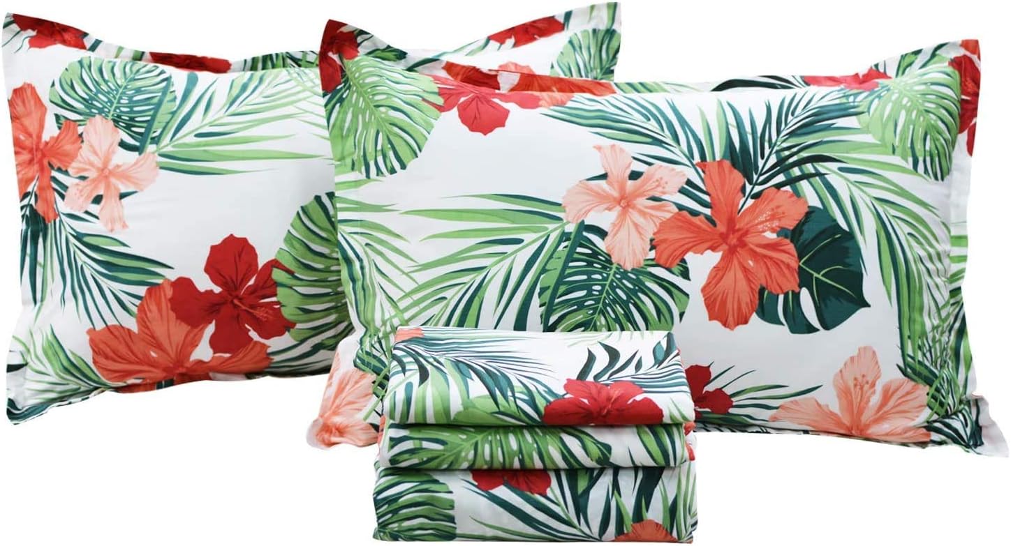 FADFAY Green Floral Sheets Queen Size 100% Cotton Floral Bed Sheet Ultra Soft Tropical Bedding Banana Palm Leaves Top Sheet Hawaiian Deep Pocket Fitted Sheet 4-Pieces