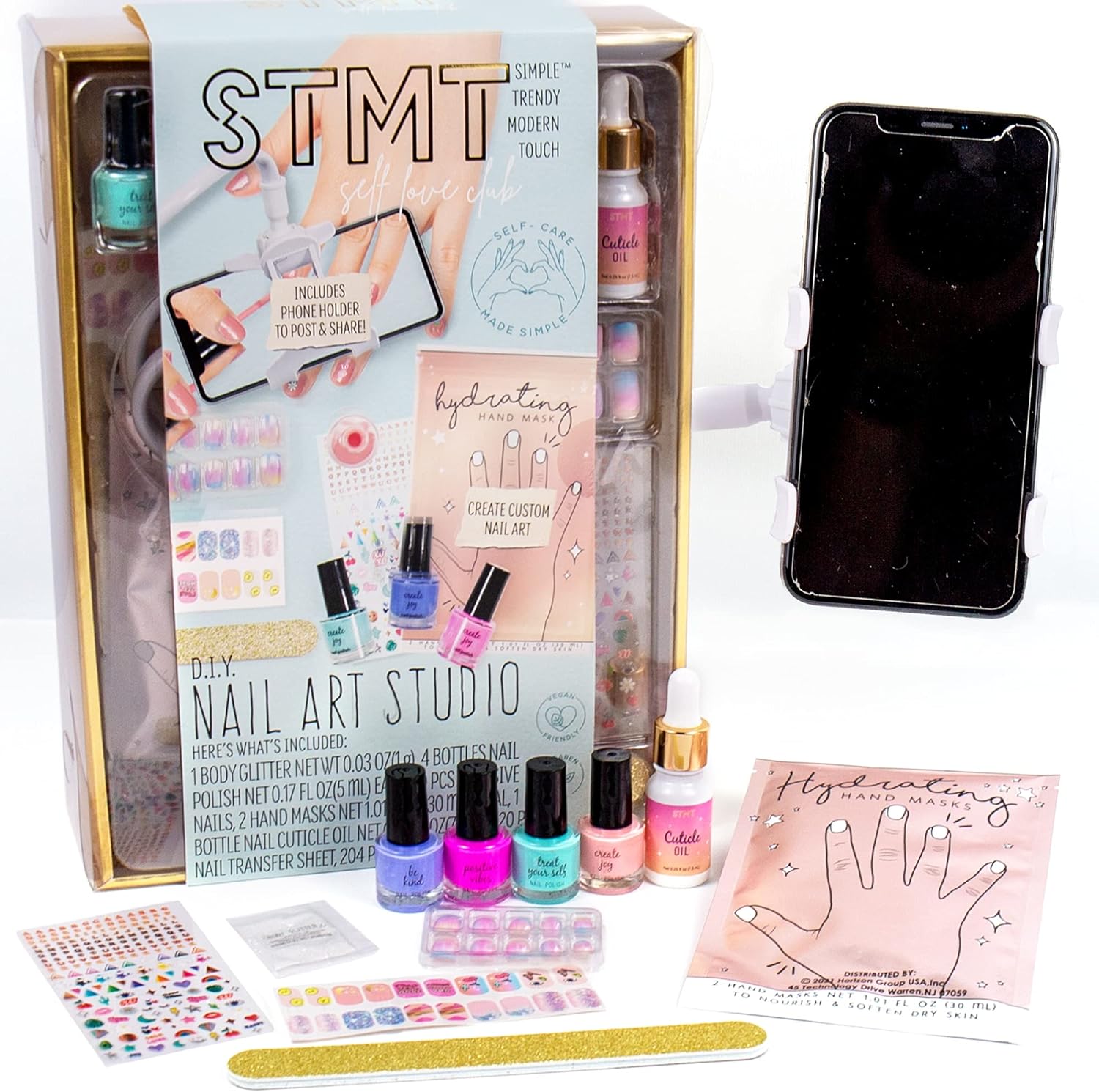 STMT Self-Love Club D.I.Y. Nail Art Studio by Horizon Group USA, 10  Essentials for at-Home Manicure Including Nail Polishes, Soothing Hand Mask, Cuticle Oil, Phone Holder, Nail Stickers & More