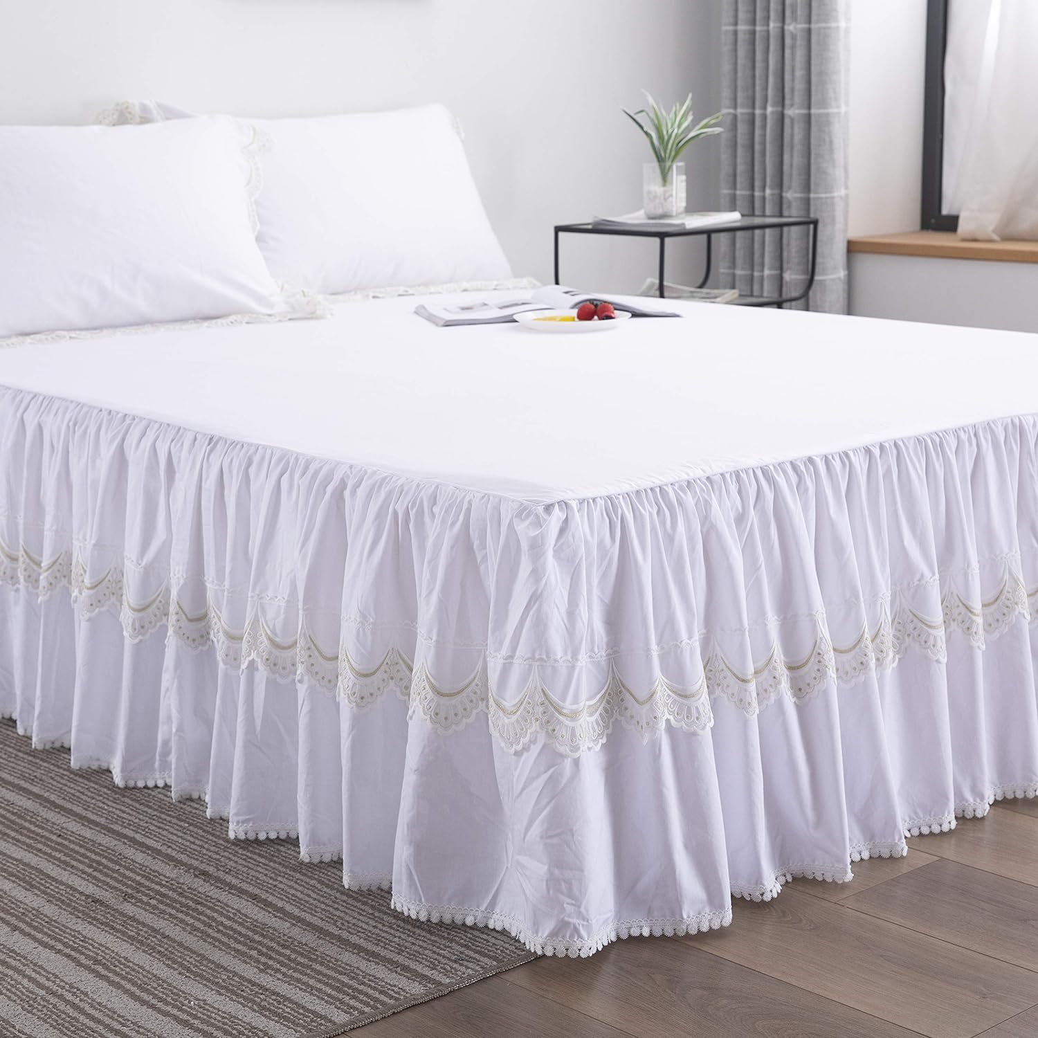 FADFAY Cotton White Bedskirt Set Queen Size Lace Dust Ruffle Super Soft 3 Piece: 1 Bedskirt, 2 Pillowshams