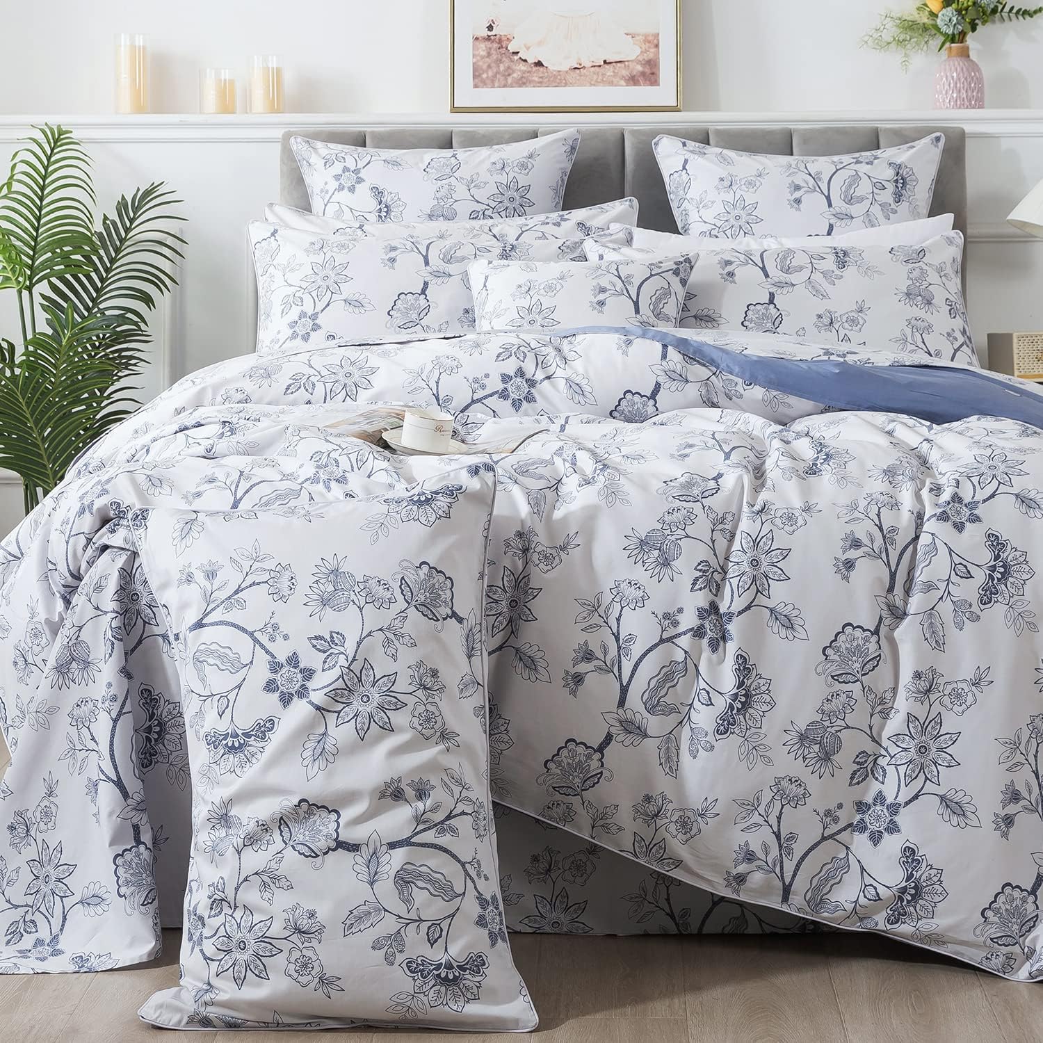 FADFAY Duvet Cover Set Queen Floral Bedding Percale Cotton 600 TC Classical Toile Luxury Reversible Light Blue Shabby Vintage Farmhouse Bedding Minimalist Chic Comforter Cover Soft Breathable 3Pcs