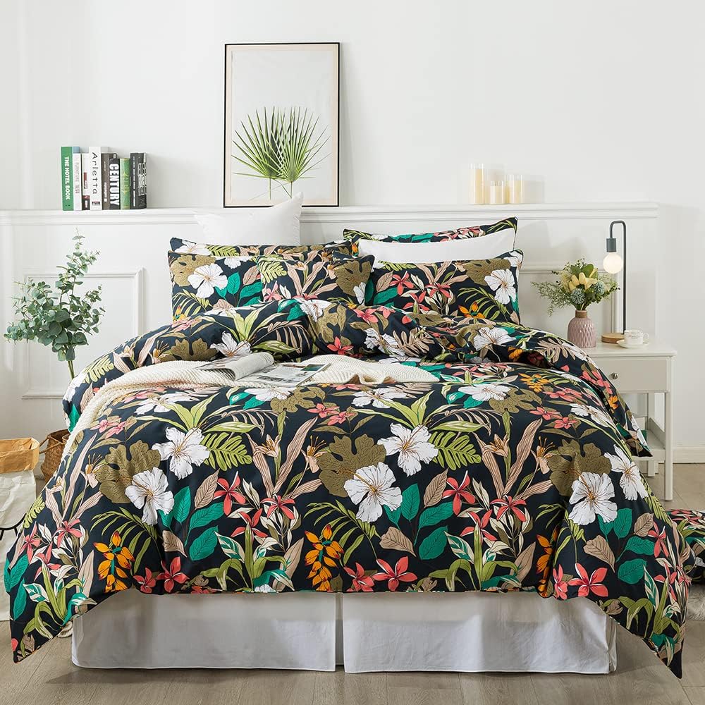 FADFAY Floral Bedding Set 100% Cotton Dark Flower Duvet Covers Queen Size Soft Black & Red Botanical Palm Tree Leaf Comforter Cover Tropical Hawaii Home Girls Bed Sets Zipper Corner Ties 3 Pieces